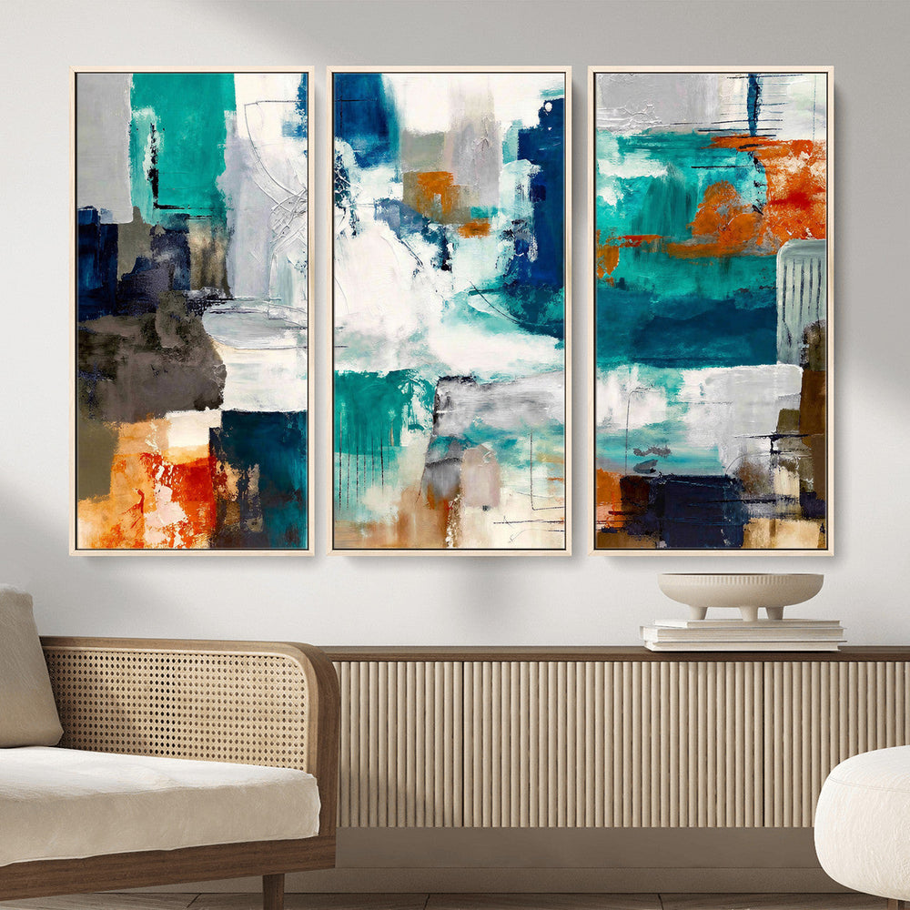 Blue Teal Abstract Canvas Wall Art, Modern Textured Painting Print, Navy Orange White Contemporary Art, Neutral Living Room Decor, Office Art