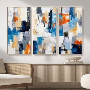 Blue Teal Abstract Canvas Wall Art, Modern Textured Painting Print, Navy Orange White Contemporary Art, Neutral Living Room Decor, Office Art