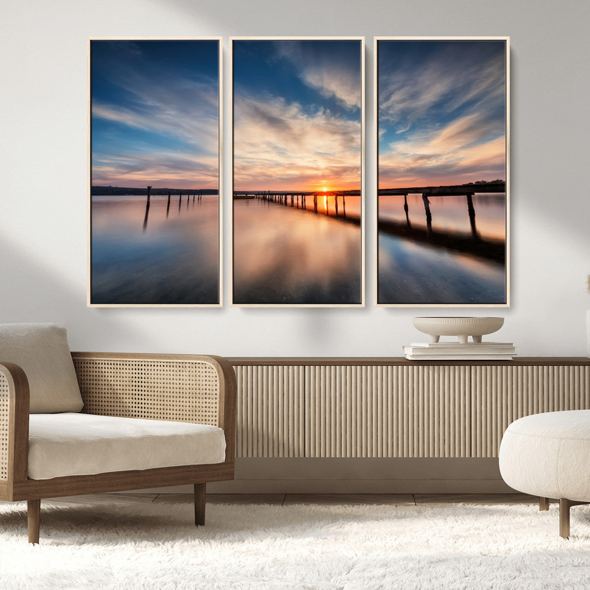 Wooden Pier on Seascape and Sunset Wall Art Canvas Print