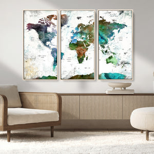 Modern Watercolor World Map Canvas Wall Art – Framed
