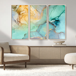 Abstract Aqua and Gold Fluid Wall Art Canvas | 3 Panel Large