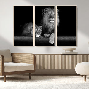Large Black and White Lion Couple Wall Art Canvas Print –
