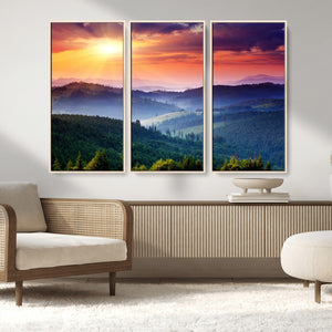 Beautiful Sunset over Hills Forest Landscape Canvas Wall Art