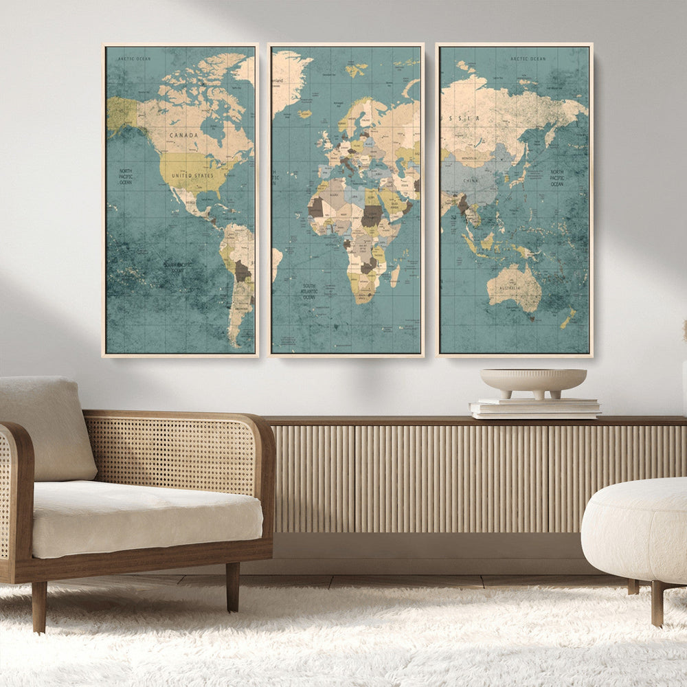 Classic World Map Canvas Print – Framed Vintage Map Wall