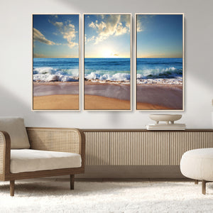 Serene Ocean Sunset Canvas Wall Art - Beach Waves at Sunset,