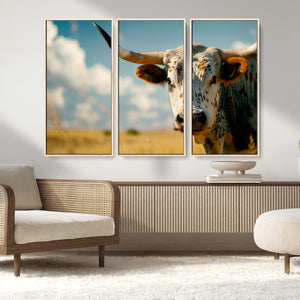 Longhorn in the Prairie - Stunning Ranch-Style Triptych Wall
