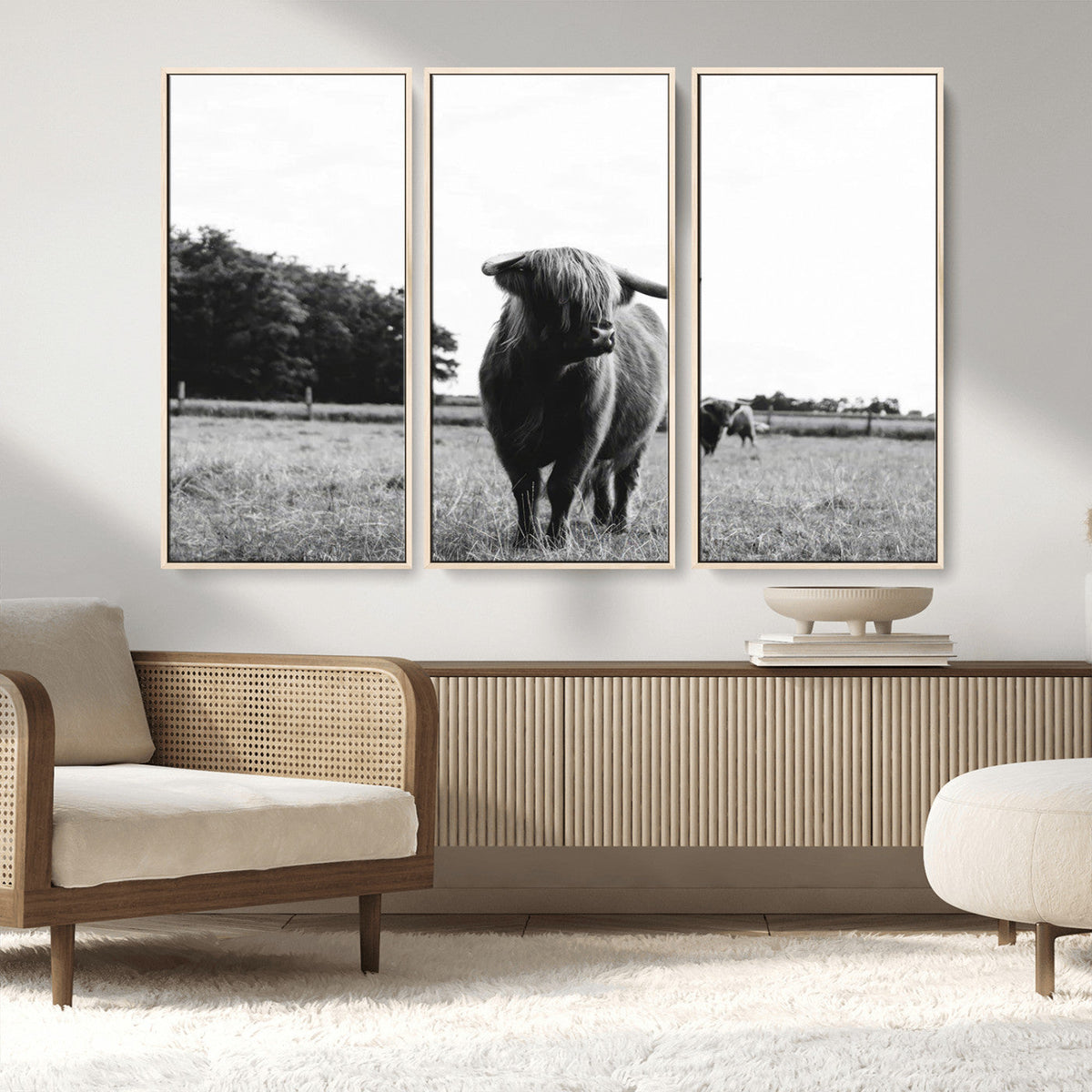 Black and White Highland Cow Wall Art Canvas Print | Rustic