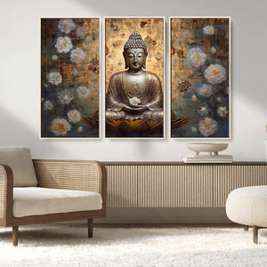 Golden Buddha Wall Art Canvas Print | Zen Meditation Floral
