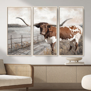 Vintage Texas Cow Wall Art Canvas Print, Rustic Longhorn