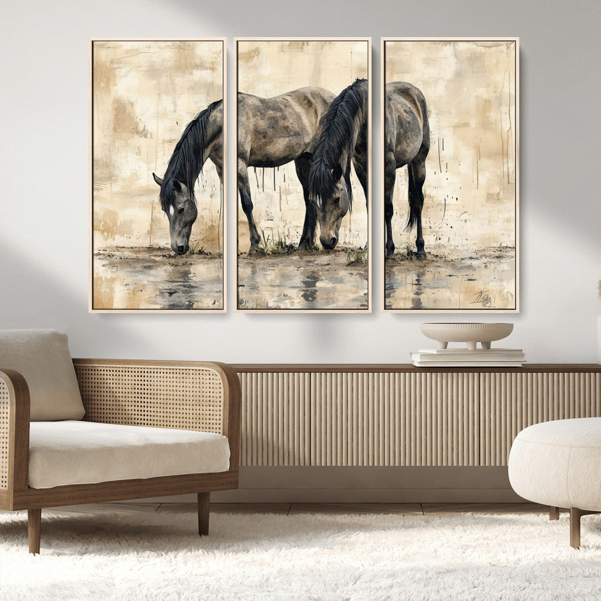 Chinese Style Abstract Black Horses Wall Art Canvas Print -