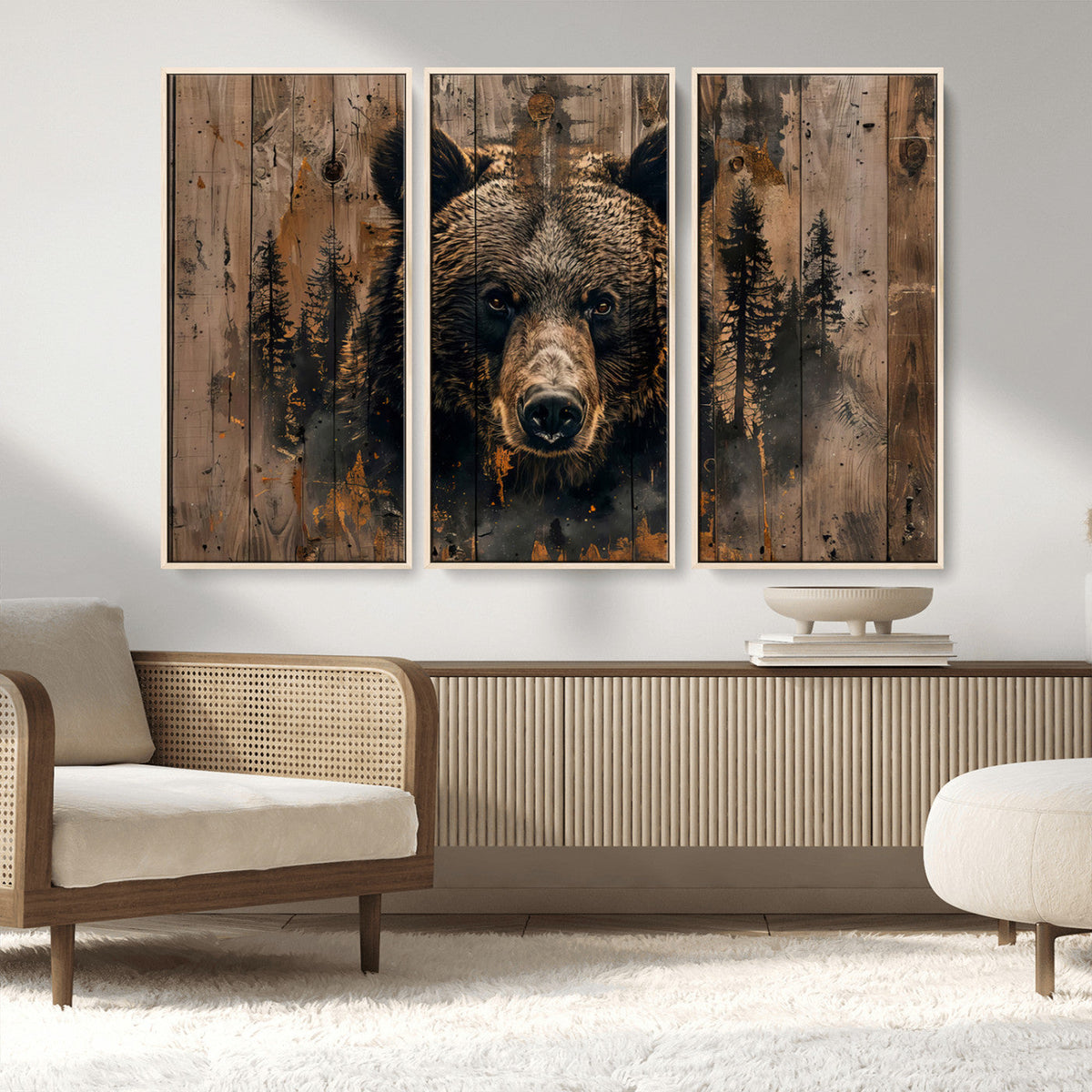 Rustic Grizzly 399 Wall Art | Triptych Canvas Print | Rustic