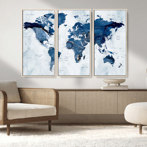 Modern Blue World Map Canvas Print – Framed Wall Art,