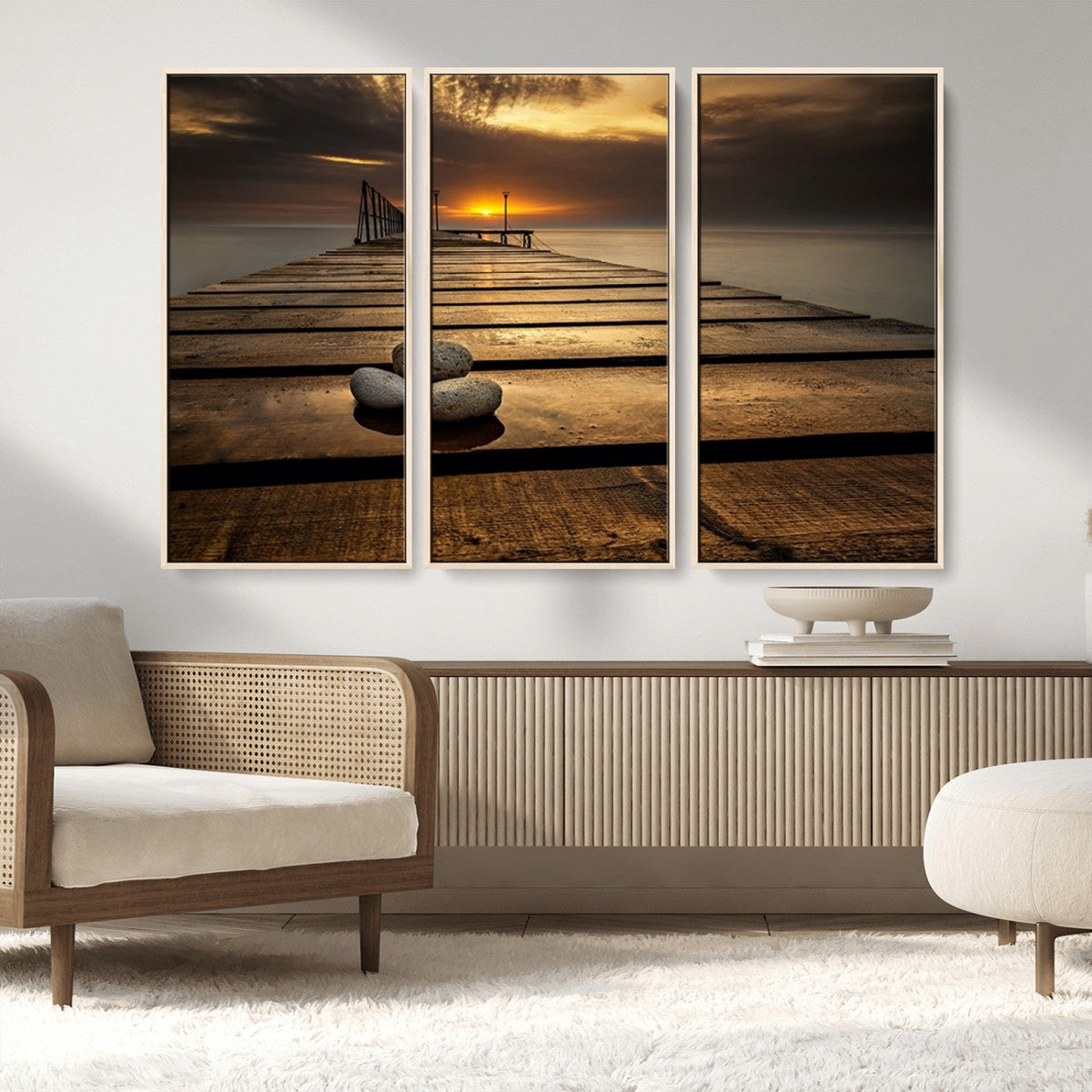 Stones on Wooden Pier at Sunset Canvas Print, Serene Coastal