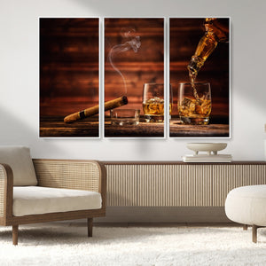 Whiskey and Cigar Wall Art Canvas | 3 Panel Bar Room Decor