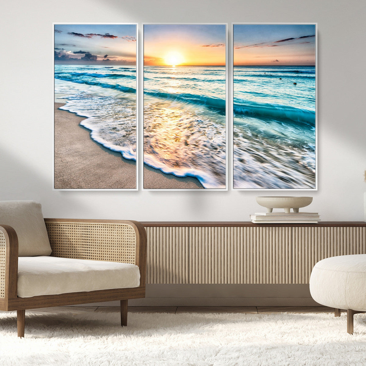Sunset Beach Waves Canvas Wall Art – 5-Panel Ocean Sunset