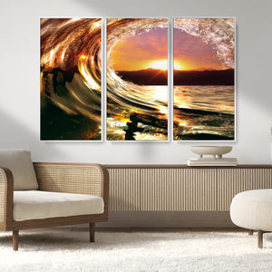 Golden Wave Sunset Triptych Canvas Art, Giclee Canvas Print
