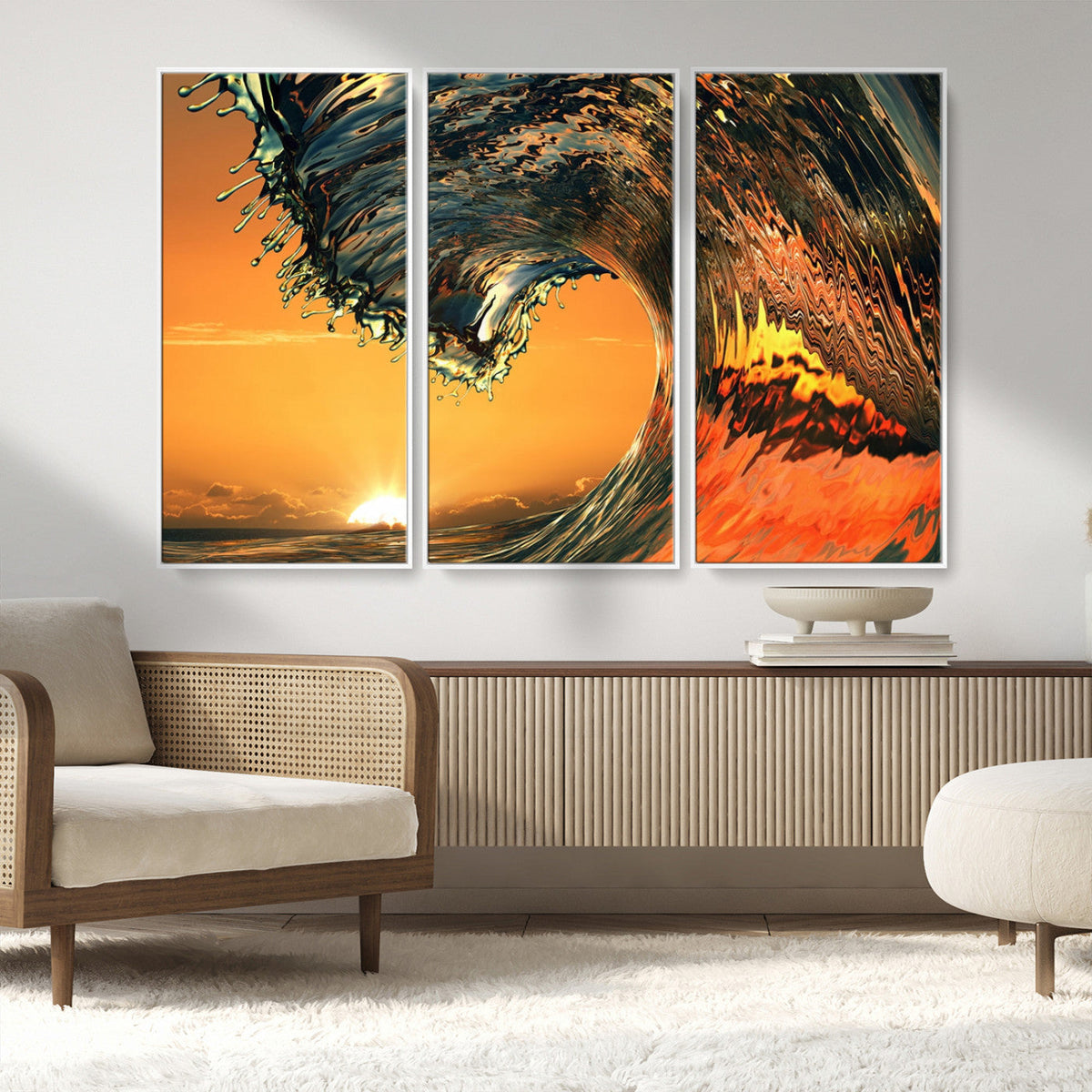 Surf Wave Sunset Canvas Wall Art Print, 3-Panel Ocean