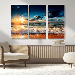 Golden Hour Sunset Over Ocean Waves Wall Art Canvas Print |