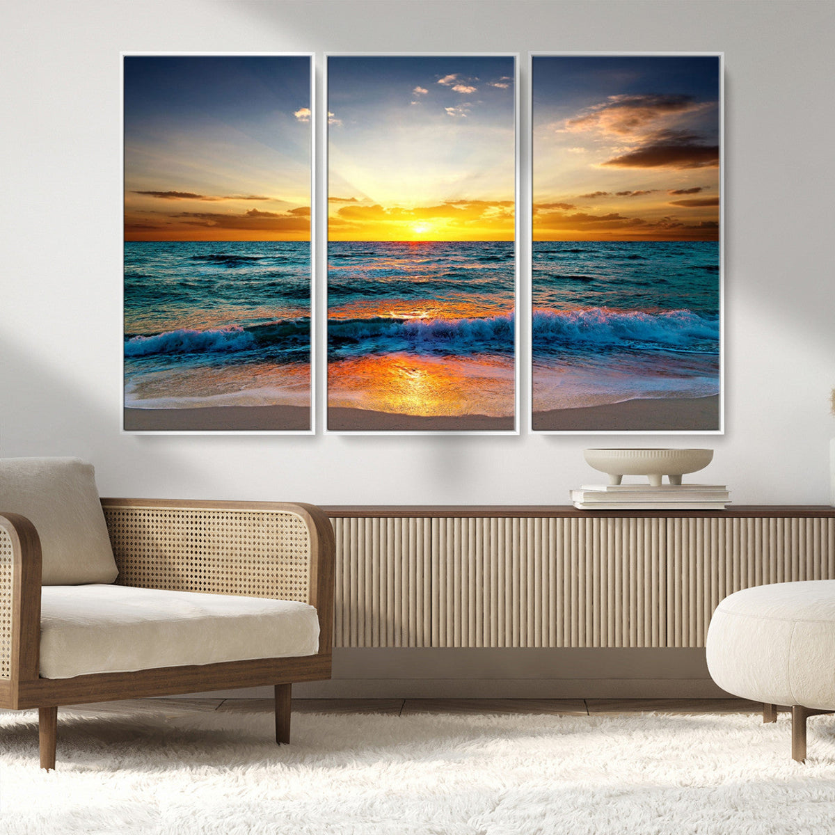 Vibrant Ocean Sunrise Over Golden Beach Waves, Giclee Canvas