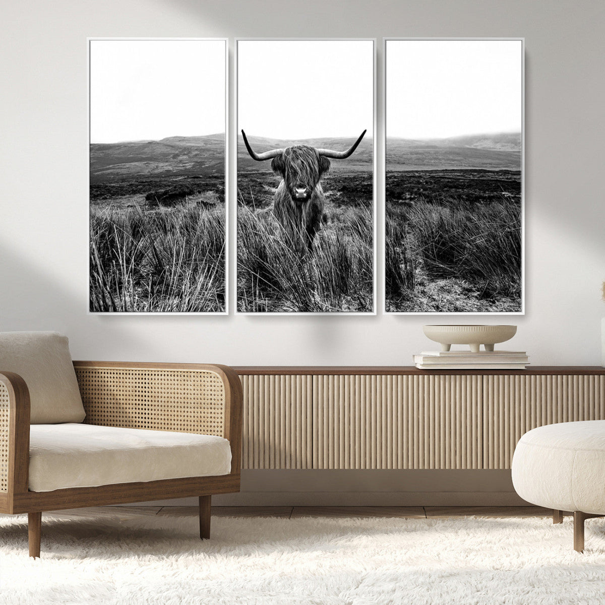 Black and White Highland Cow Canvas Wall Art, Longhorn