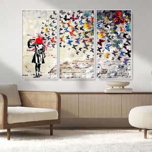Banksy Art Butterfly Girl Explosion Canvas Art – Vibrant