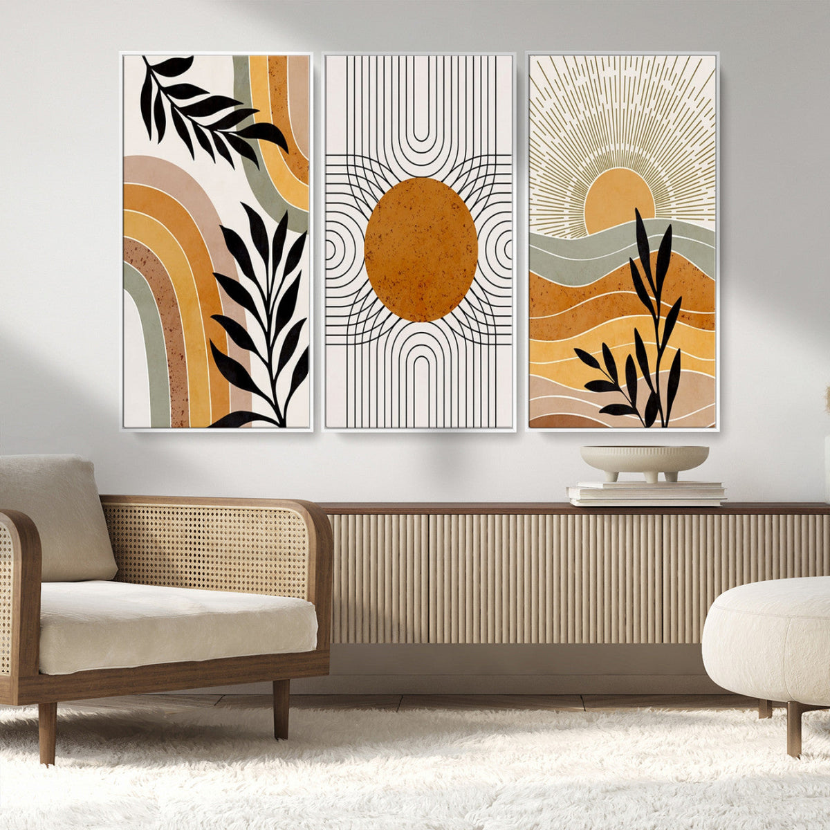 Modern Boho Sun and Leaf Abstract Art – 3-Panel Giclée