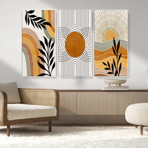 Modern Boho Sun and Leaf Abstract Art – 3-Panel Giclée