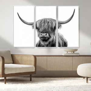 Grayscale Scottish Highland Cow Cattle Art Print Farmhouse