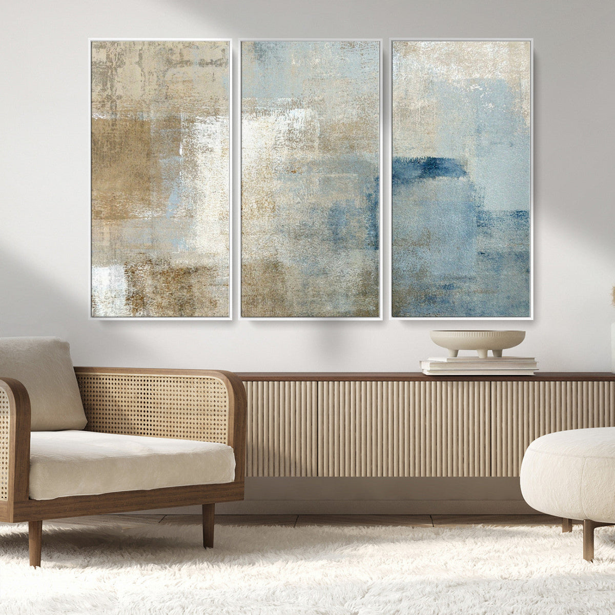 Abstract Blue and Beige Wall Art, Modern Minimalist Canvas