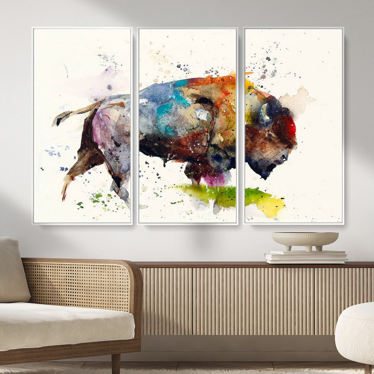 Abstract Buffalo Wall Art, Western Watercolor Bison Canvas