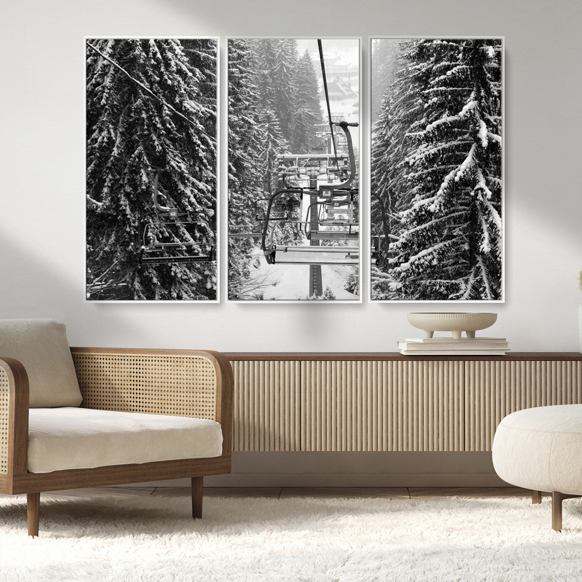 Winter Ski Lift Black and White Canvas Wall Art – Alpine