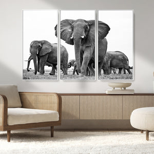 Black White Elephant Family Wall Art Canvas Print