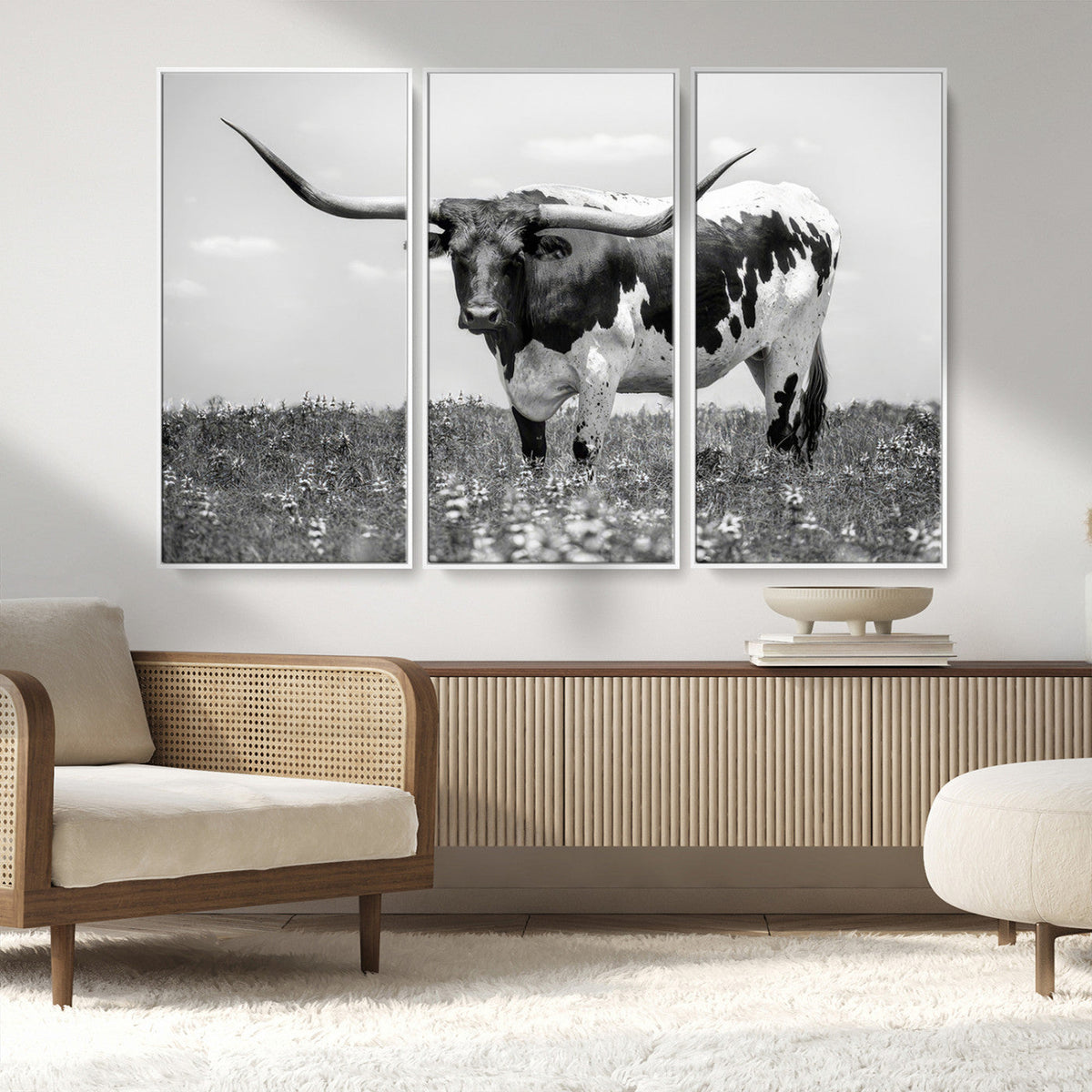 Texas Black White Highland Longhorn Cow Wall Art Canvas