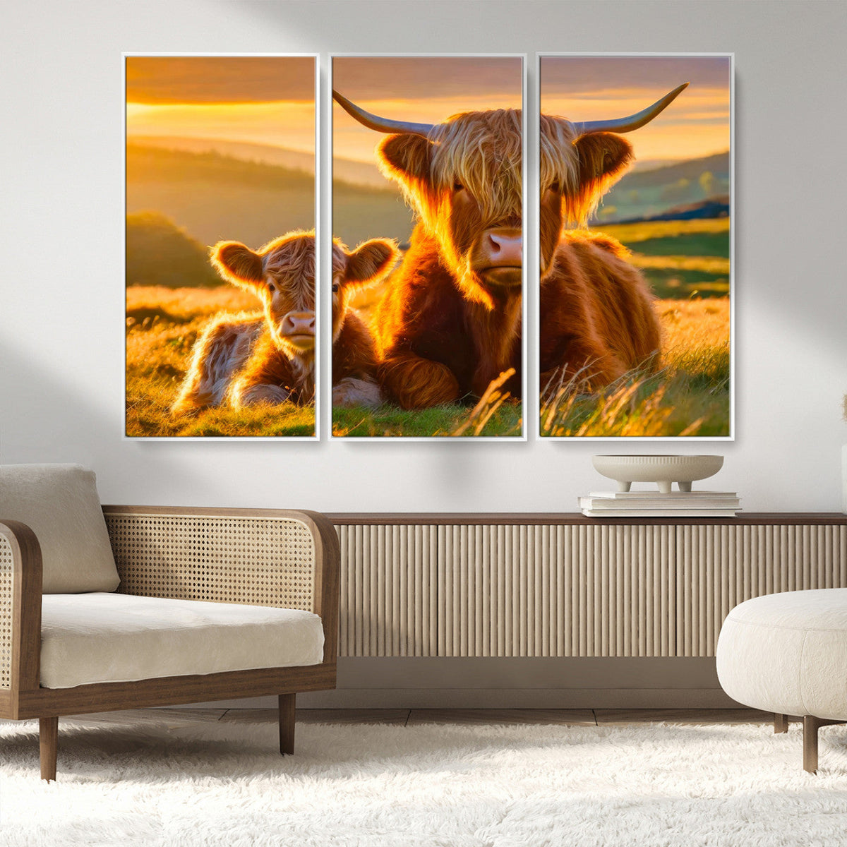 Scottish Cow and Baby Cow Canvas Wall Art Animal Print