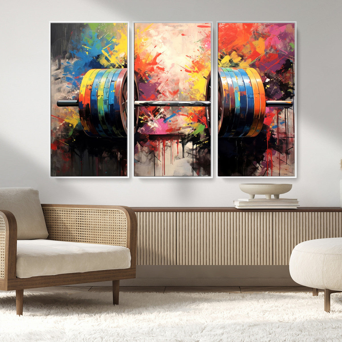 Weightlifting Barbell Art Triptych, Bold Abstract Fitness