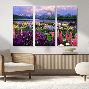 Vibrant Wildflower Garden and Mountain View Giclee Canvas