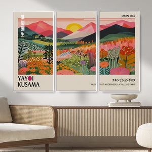 Yayoi Kusama Landscape Canvas Print, Vibrant Floral Mountain Art Print, Framed Botanical Wall Art -