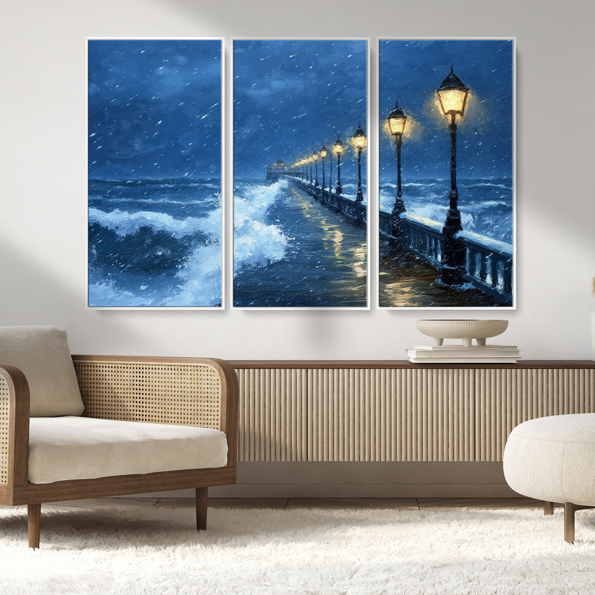 Stormy Ocean Pier Lights Canvas Wall Art Print - Large Moody