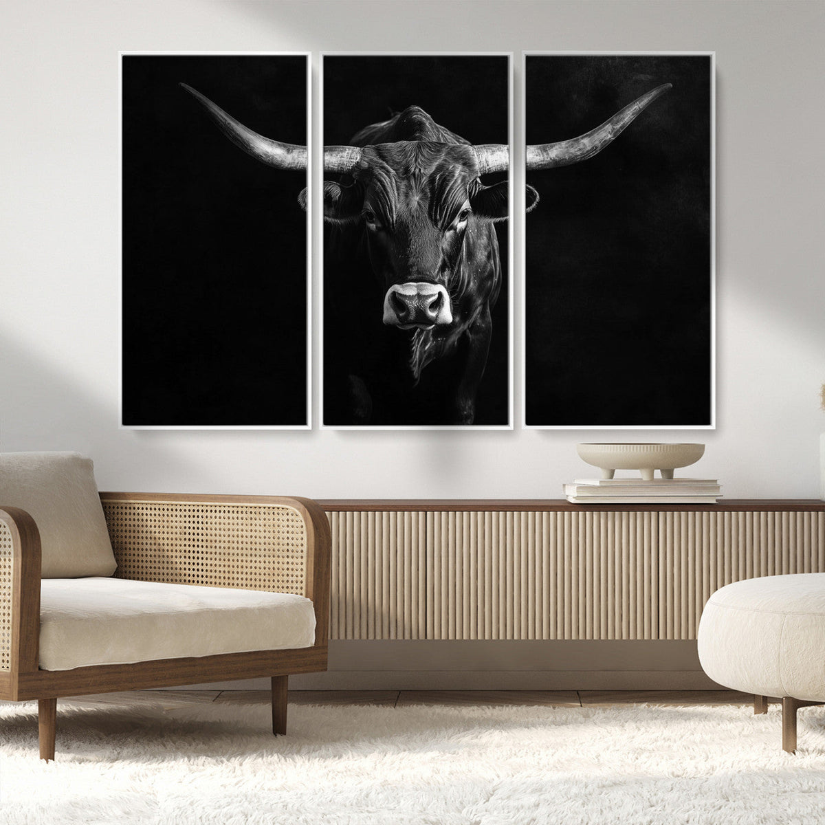 Texas Longhorn Wall Art Canvas Print – Framed Monochrome