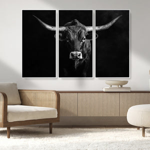 Texas Longhorn Wall Art Canvas Print – Framed Monochrome