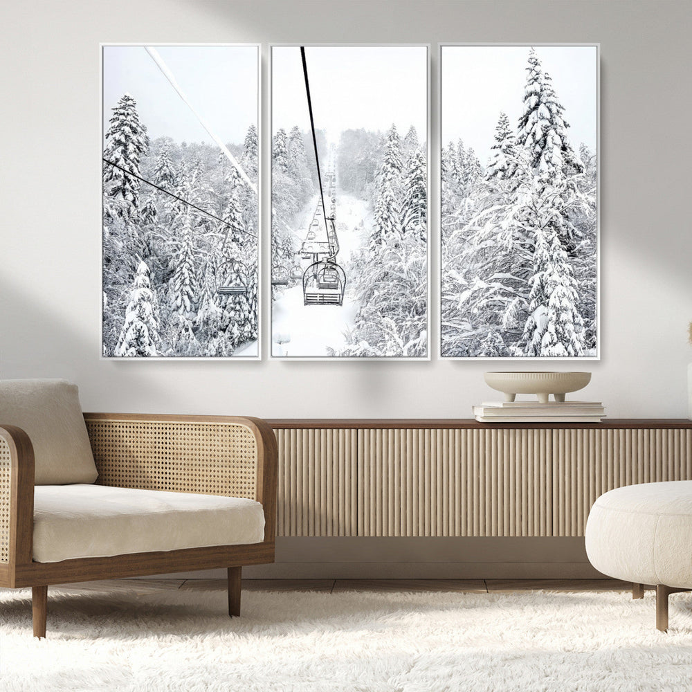 Snowy Ski Lift Wall Art – Framed Winter Mountain Canvas