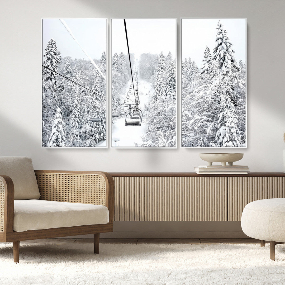 Snowy Ski Lift Wall Art – Framed Winter Mountain Canvas