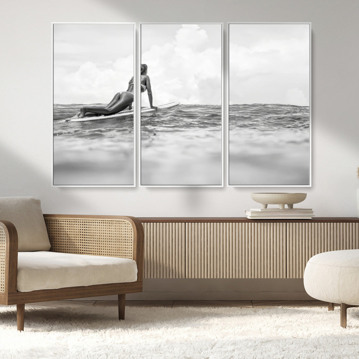 Black and White Surfing Wall Art Canvas Print – Framed Ocean