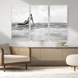 Black and White Surfing Wall Art Canvas Print – Framed Ocean