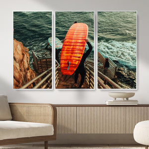 Surfer Stairway Wall Art – Framed Ocean Surf Canvas Artwork,
