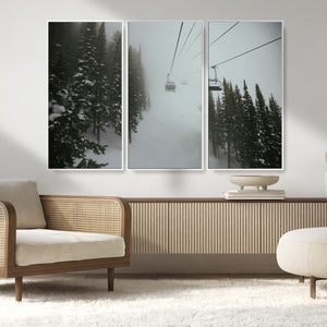 Ski Lift Wall Art Canvas Print – Snowy Pines Misty Landscape