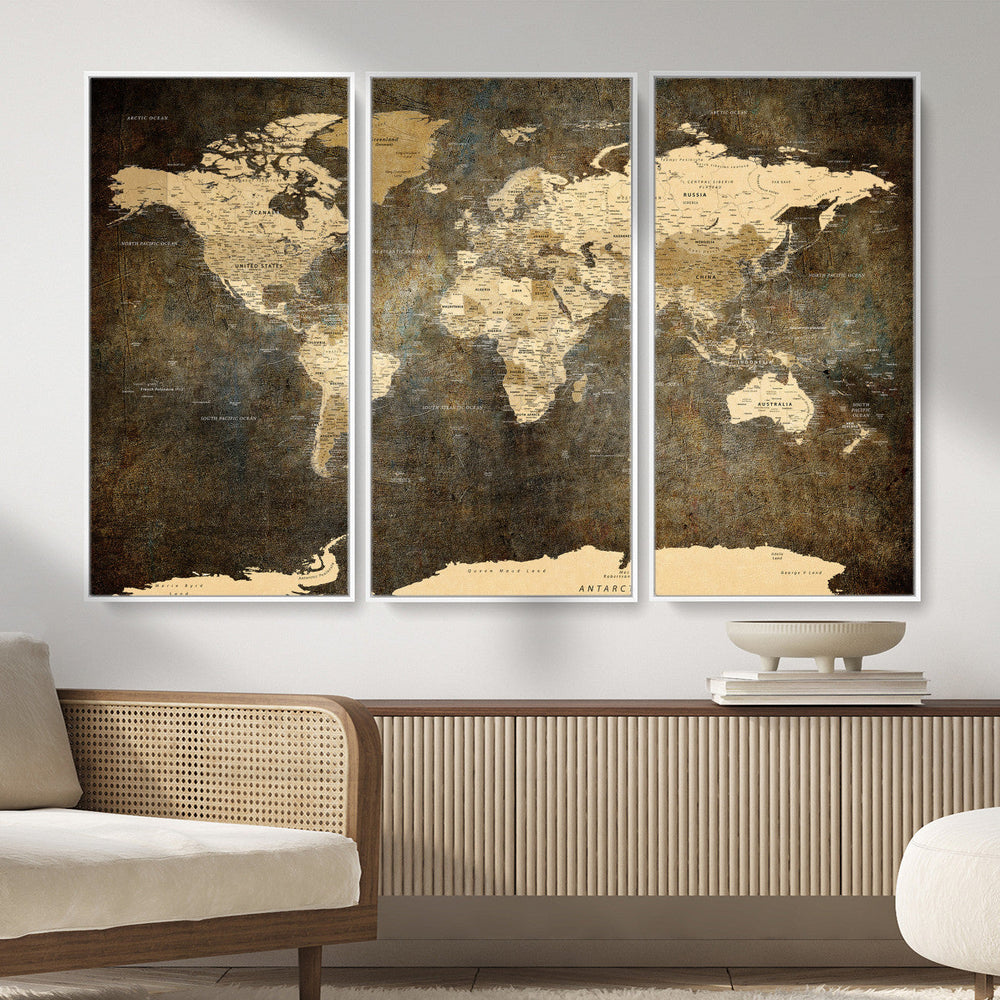 Large Framed Vintage World Map Wall Art Print for Home Wall