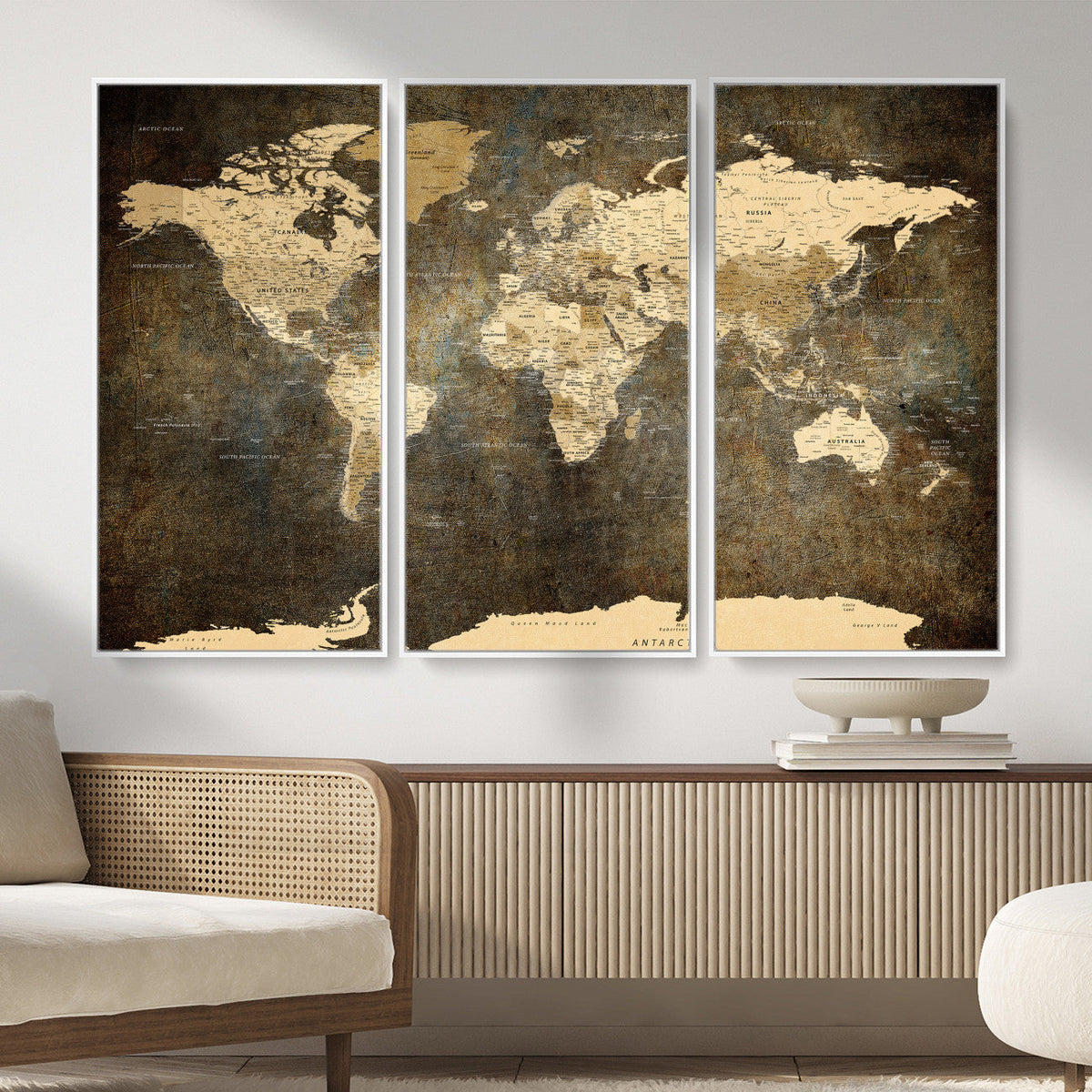 Large Framed Vintage World Map Wall Art Print for Home Wall
