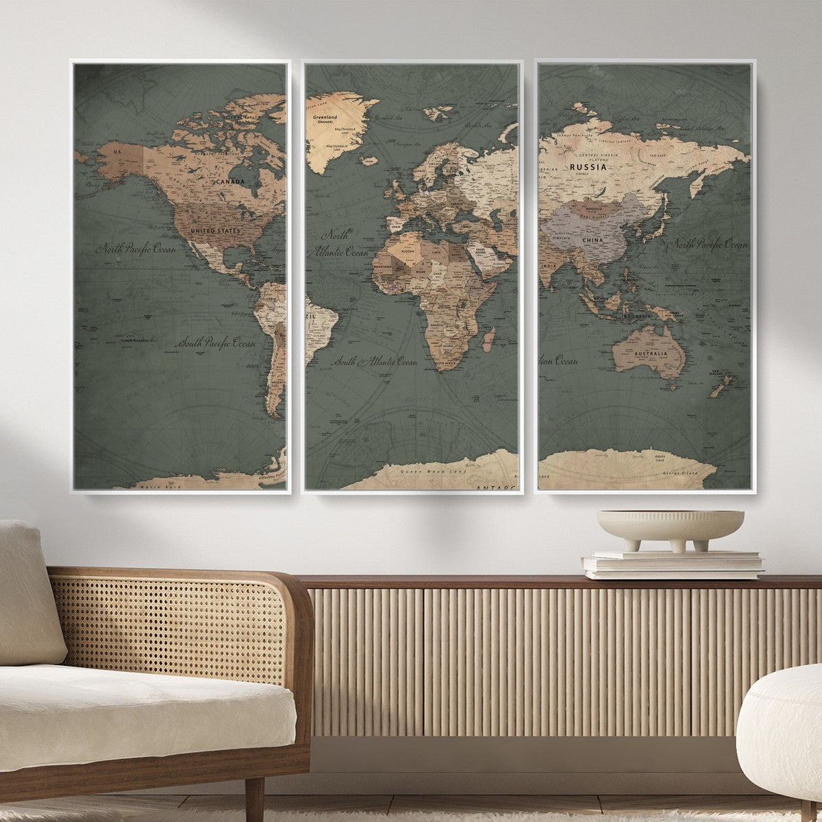 Rustic Black and Wood World Map Canvas Wall Art – Framed