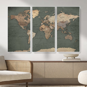 Rustic Black and Wood World Map Canvas Wall Art – Framed